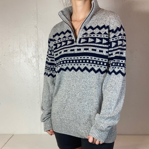 Gray + Navy Knit Fair Isle Nordic Quarter Zip Pullover Sweater - Picture 1 of 9